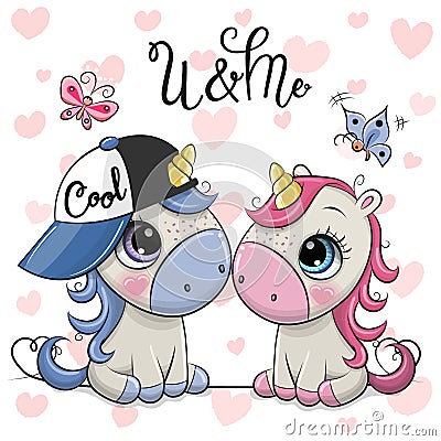 Two Cartoon Unicorns on a hearts background Vector Illustration