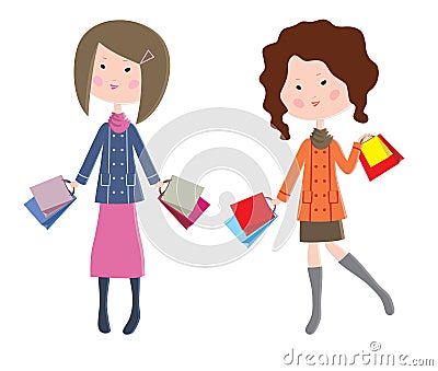 Two cartoon women with packages Vector Illustration