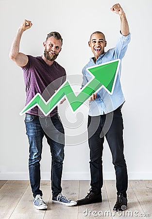 Two casual man holding business icon Stock Photo