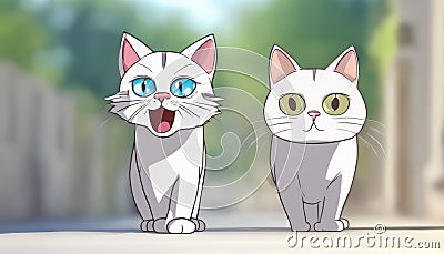 Two cats with blue eyes and green eyes walking down a street Stock Photo