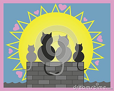 Vector illustration. Cats in love on roof with their kitten. Valentine day, all hearts day or love. Vector Illustration