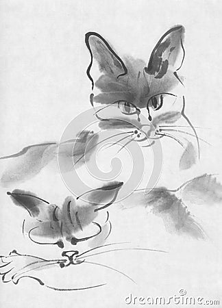 Two cats ink painting Stock Photo