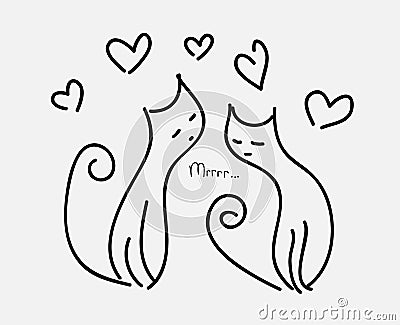 Two cats in love couple hearts fly purr Vector Illustration