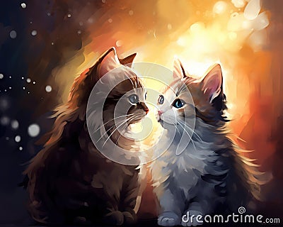 Two cats love each other and kiss print for you. Cartoon Illustration