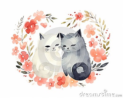 Two cats love each other and kiss print for you. Cartoon Illustration