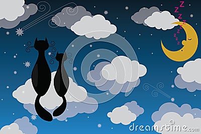 Two cats on moonlight Stock Photo