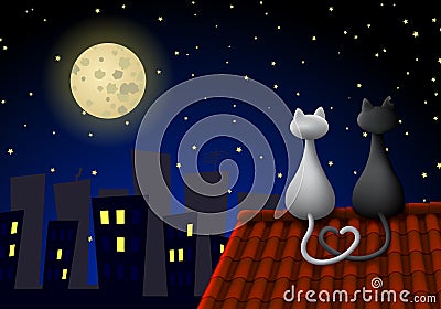 Two cats on a roof Vector Illustration