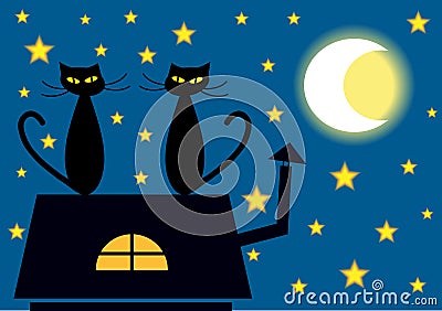 Two cats on the roof Cartoon Illustration