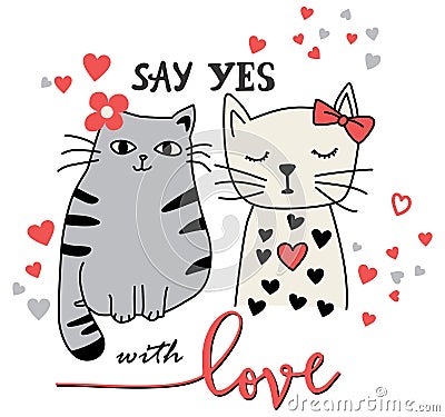 Two cats say yes with love Vector Illustration