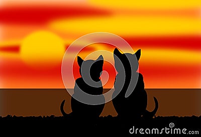 Two Cats by the Sea under a Sunset Vector Illustration