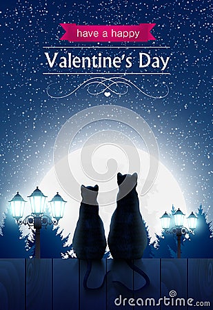 Two cats sitting on a fence looking at the fool moon Vector Illustration