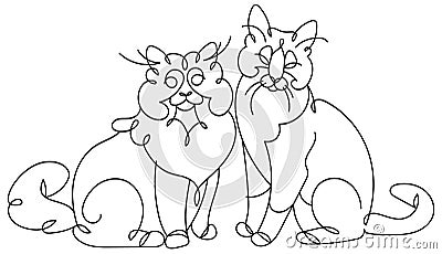 Two cats sitting. Line art silhouettes. Stock Photo