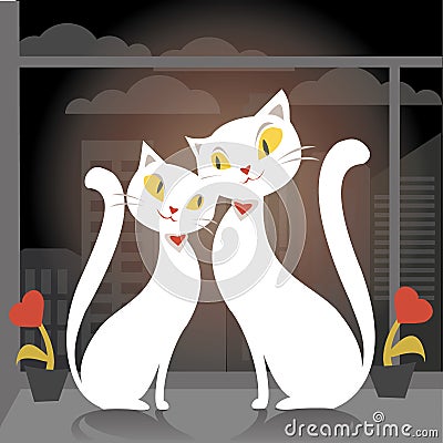 Two cats sitting on the window on the background of the city Vector Illustration