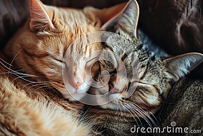 Two cats snuggling together. Two adorable kittens sleeping together close up. Generative AI Cartoon Illustration