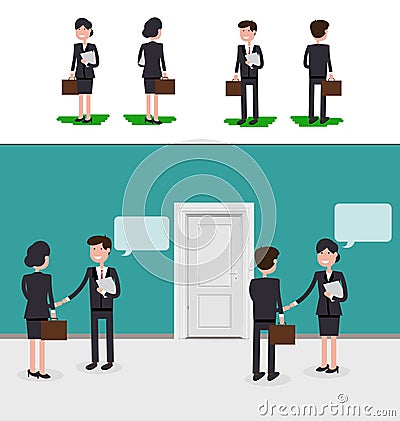 Two caucasian businessmen woman and man with documents in hands Vector Illustration