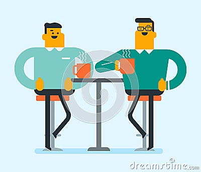 Two caucasian white friends drinking coffee. Vector Illustration