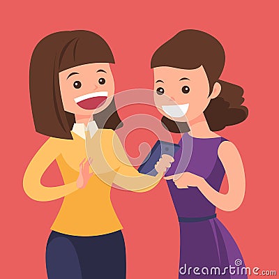 Two caucasian white friends looking at smartphone. Vector Illustration