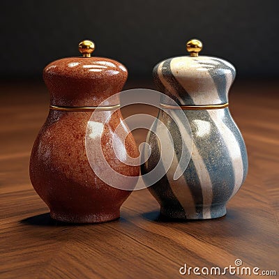 Two ceramic salt and pepper shakers on a wooden table - black background Stock Photo