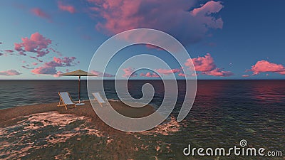 Two chairs under an umbrella at the beach by cloudy day Stock Photo