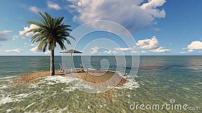 Two chairs under an umbrella at the beach by cloudy day Stock Photo