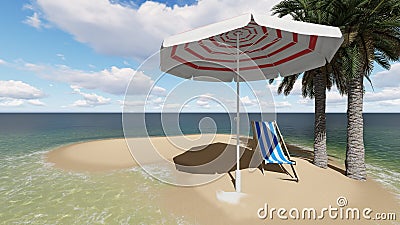 Two chairs under an umbrella at the beach by cloudy day Stock Photo
