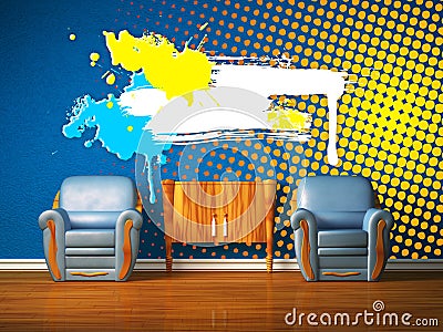 Two chairs with wooden bedside and splash frame Stock Photo