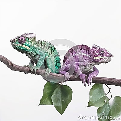 Two chameleons green and purple on a branch look in different directions, close-up, Stock Photo