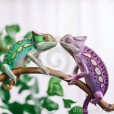 Two chameleons green and purple on a branch look at each other, close-up, Stock Photo