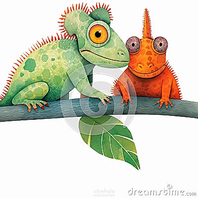 Two chameleons sitting on a branch, isolated on white background. Cartoon illustration. Generative AI Cartoon Illustration