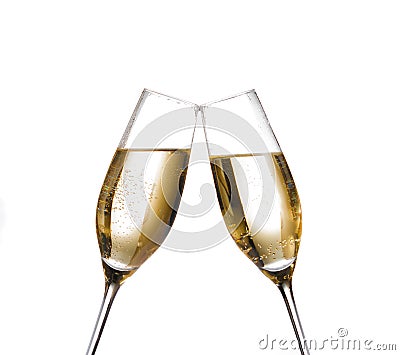 Two champagne flutes with golden bubbles make cheers on white background Stock Photo