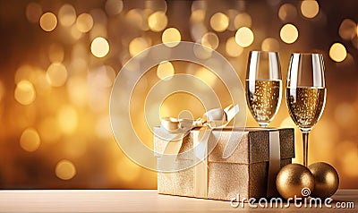 A two champagne glass and a golden gift box set. Created with generative AI tools Stock Photo