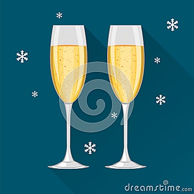Two champagne glasses on dark blue background and with snowflakes. Concept vector illustration. Vector Illustration