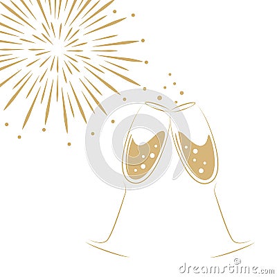 Two champagne glasses and fireworks on a white background Vector Illustration