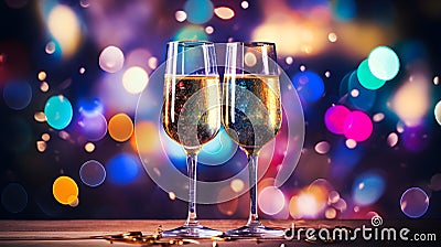 Two Champagne Glasses in front of a festive multicolor Background. Template for Holidays and Celebrations Stock Photo