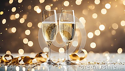 Two champagne glasses with golden confetti over illuminated background Stock Photo