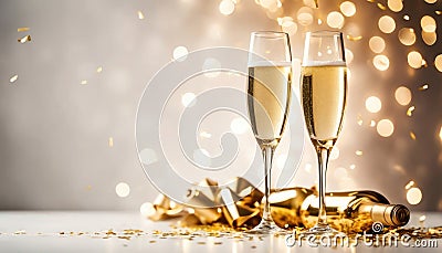 Two champagne glasses with golden confetti over illuminated background Stock Photo