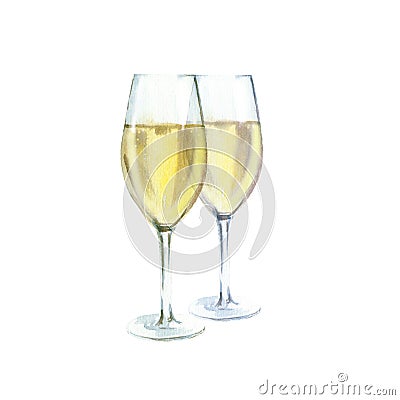 Two champagne glasses watercolor illustration, isolated on white background Cartoon Illustration