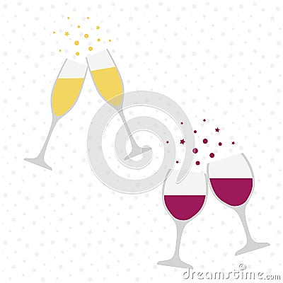 Two champagne and wine glasses. Cheers. Celebration. Holiday toast. Vector Illustration