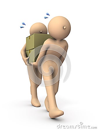 Two characters carrying a large cardboard box. They cooperate with each other. White background. 3D illustration Cartoon Illustration