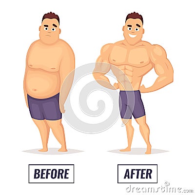 Two characters fat and muscular man. Visualization of loss weight Vector Illustration