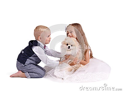 Brother and sister having fun with a puppy isolated on a white background. Kids playing with a dog. Home pet concept. Stock Photo