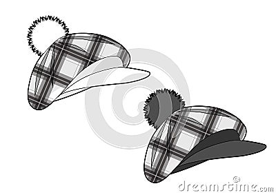 Two checkered berets with a pompom and a visor. Isolated outline black and white drawing Vector Illustration