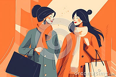 Two cheerful female friends holding shopping bags. Women making shopping during autumn sales season Stock Photo