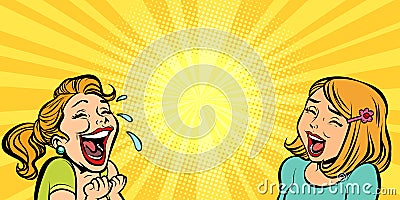 Two cheerful girlfriend girls laugh Vector Illustration