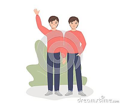 Two cheerful positive boys - twins. Doubles, twin children - their similarity and difference in characters, the influence of Vector Illustration