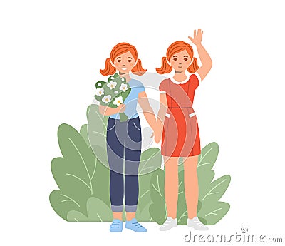 Two cheerful positive twin girls. Doubles, twin children - their similarity and difference in characters, brothers and sisters, Vector Illustration