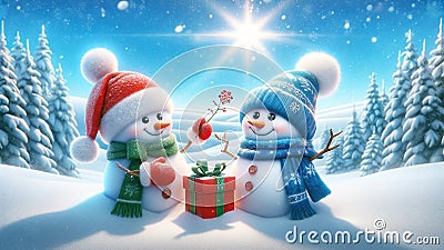 Festive Winter Holiday: Snowmen Exchanging Gifts Under the Bright Christmas Sun Stock Photo