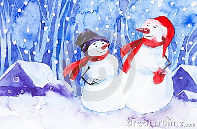 Two cheerful snowmen in a red scarf, red mittens and a black hat stand against the background of falling snow in the village. New Cartoon Illustration