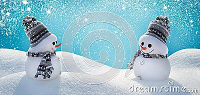 Two cheerful snowmen standing in a winter Christmas landscape. Stock Photo