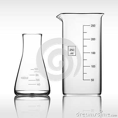 Two Chemical Laboratory Glassware Or Beaker. Glass Equipment Empty Clear Test Tube Stock Photo